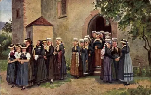 Künstler Ak Hoffmann, H., Kirchgang im Schwarzwald, Frauen in Volkstrachten