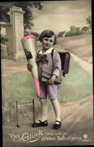 Ak Glückwunsch zum ersten Schulgang, Kind mit Zuckertüte, Rechenschieber, coloriert