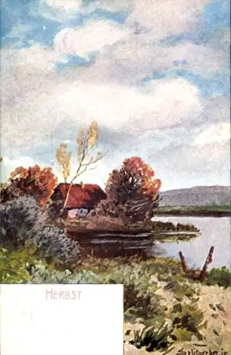 Künstler Ak Splitgerber, Herbst, Rotes Laub, Haus am Wasser