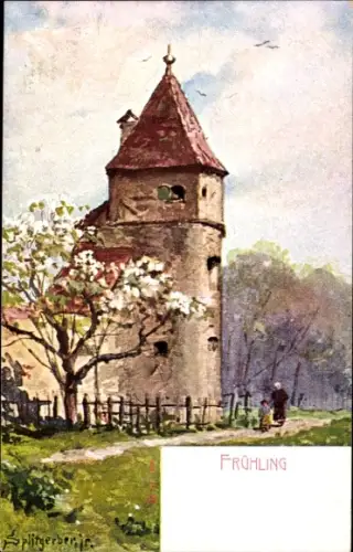 Künstler Ak Splitgerber, Frühling, Steinturm, Baumblüte, Allegorie