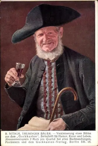 Künstler Ak Nitsch, R., Thüringer Bauer, Dreieckhut, Wein