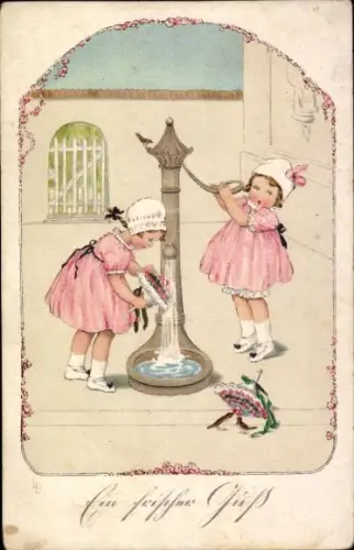 Künstler Ak Ein frischer Gruß, Mädchen mit Blumen an der Wasserpumpe