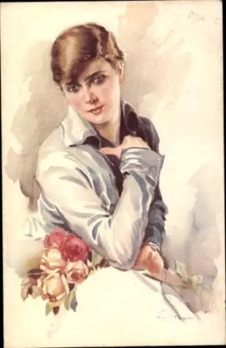 Künstler Ak Gemaltes Frau-Porträt, Rosen