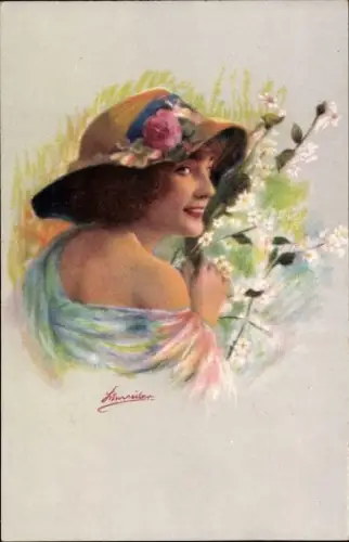 Künstler Ak Schneider, Junge Frau, Blumen, Gelber Strohhut