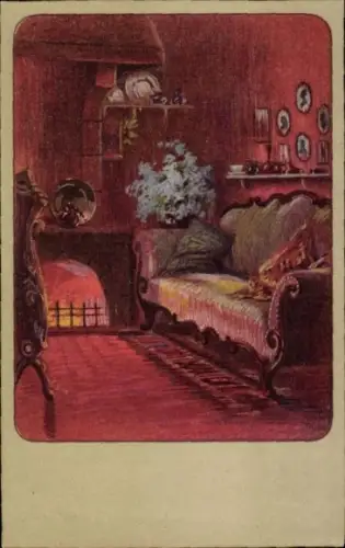 Künstler Ak Trübe, M., Wohnzimmer, Sofa, Kamin