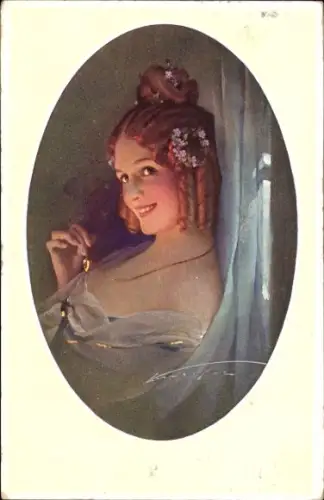 Passepartout Künstler Ak, Frauenportrait festlich