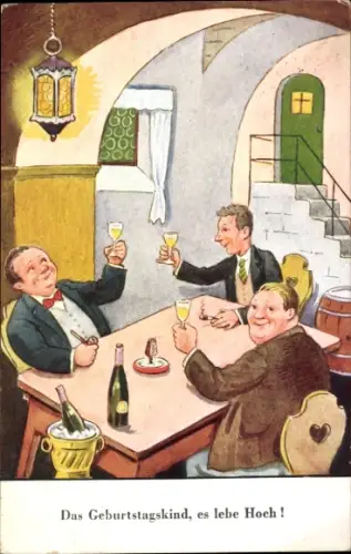 Ak Glückwunsch Geburtstag, Feiernde Männer, Sektglas, Sektflasche