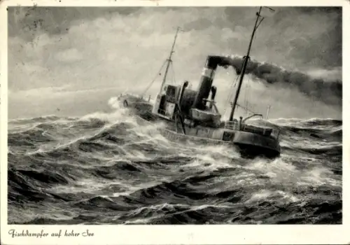 Künstler Ak Fischdampfer auf hoher See, Schwerer Wellengang