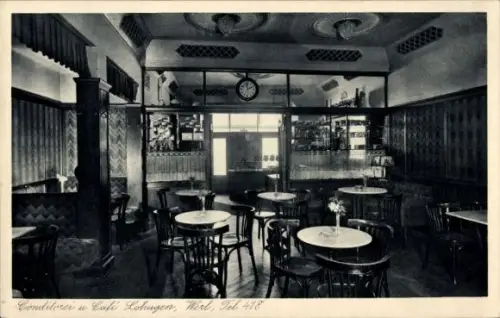 Ak Werl in Westfalen, Conditorei u. Café Lohugen,  Tel. 418, Gastraum mit Tischen und Theke