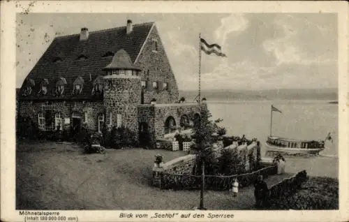 Ak Möhnesee in Westfalen, Möhnetalsperre,  Sperrsee, Seehof, Inhalt 130 000 000 cbm