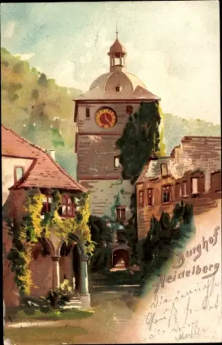 Ak Heidelberg am Neckar, Burghof, Uhrturm, historische Architektur, malerische Umgebung