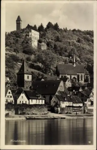 Ak Hirschhorn am Neckar Hessen,  Burg, Kirchturm, Fachwerkhäuser, Neckar
