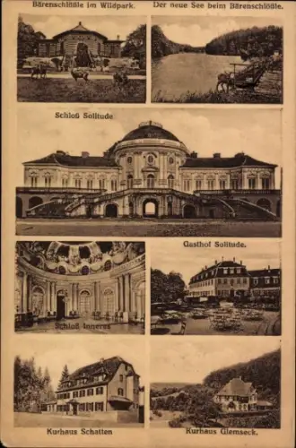 Ak Stuttgart West, Schloss Solitude, Bärenschlößle im Wildpark, Gasthof Solitude, Kurhaus Schatten