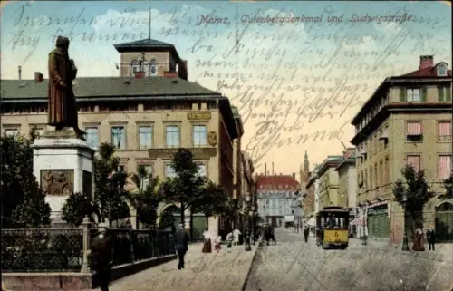 Ak Mainz am Rhein, Gutenbergdenkmal, Ludwigstraße, Straßenbahn
