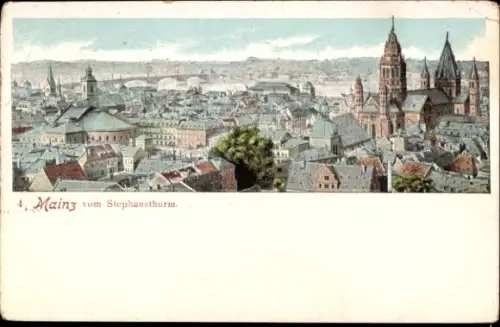 Litho Mainz am Rhein, Stadtpanorama vom Stephansturm aus gesehen