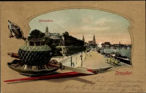 Präge Passepartout Ak Dresden, Belvedere, Tintenfass, Schreibfeder, Brieföffner