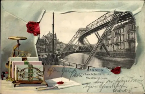 Präge Passepartout Ak Barmen Wuppertal, Schwebebahn Wertherstraße, Briefe, Briefwaage, Brieföffner