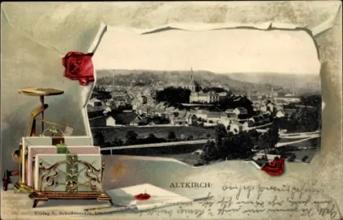 Präge Passepartout Ak Altkirch Elsass Haut Rhin, Gesamtansicht, Briefe, Briefwaage, Brieföffner