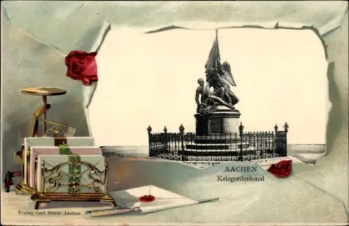 Präge Passepartout Ak Aachen, Kriegerdenkmal, Briefe, Briefwaage, Brieföffner