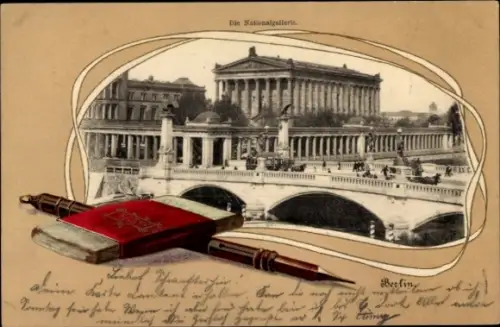 Präge Passepartout Ak Berlin Mitte, Nationalgalerie, Brücke, Bleistift