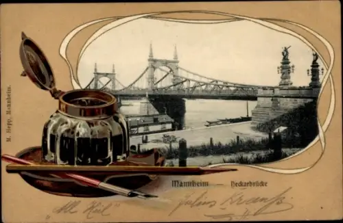 Präge Passepartout Ak Mannheim in Baden, Neckarbrücke, Tintenfass, Schreibfeder, Bleistift