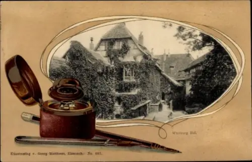 Präge Passepartout Ak Lutherstadt Eisenach in Thüringen, Wartburg, Hof, Tintenfass, Schreibfedern