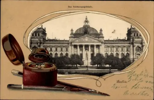 Präge Passepartout Ak Berlin Tiergarten, Reichstagsgebäude, Tintenfass, Schreibfedern