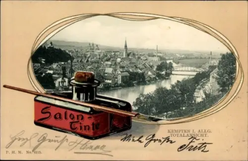 Präge Passepartout Ak Kempten im Allgäu, Gesamtansicht, Tintenfass Salon-Tinte, Schreibfeder