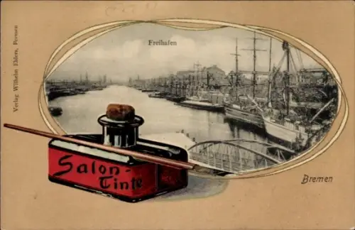 Präge Passepartout Ak Bremen, Freihafen, Segelschiffe, Tintenfass Salon-Tinte, Schreibfeder