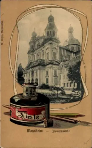 Präge Passepartout Ak Mannheim, Jesuitenkirche, Tintenfass, Schreibfeder