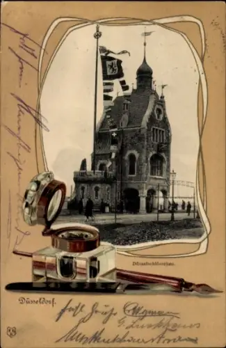 Präge Passepartout Ak Düsseldorf, Düsselschlösschen, Tintenfass, Schreibfeder