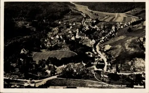 Ak Herrlingen Blaustein in Württemberg, Hotel Kreuz, Luftaufnahme, ländliche Umgebung,  Architekt