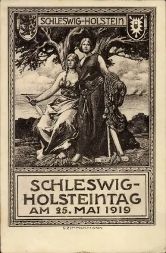 Wappen Künstler Ak Zimmermann, G., Schleswig Holstein Tag 1919, Allegorie, Fischen, Landwirtschaft