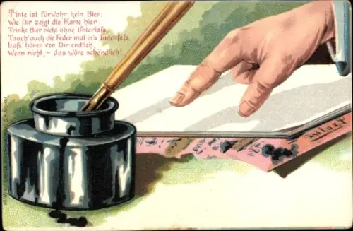 Litho Tintenfass, Füller, Blatt, Tinte ist fürwahr kein Bier