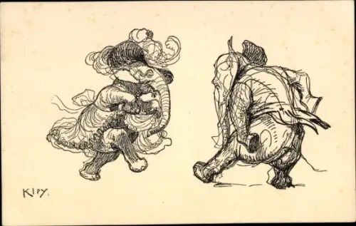 Jugendstil Künstler Ak Kley, Heinrich, Simplisissimus Karte Serie X, Nr II, Tanzende Elefanten