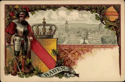 Wappen Litho Karlsruhe, Gesamtansicht, Ritter, Krone