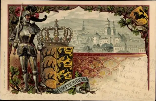 Künstler Wappen Litho Roick, Stuttgart in Baden Württemberg, Stadtpanorama, Ritter