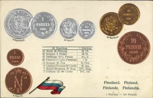Präge Ak Finnland, Fahne, Münzen, Währung