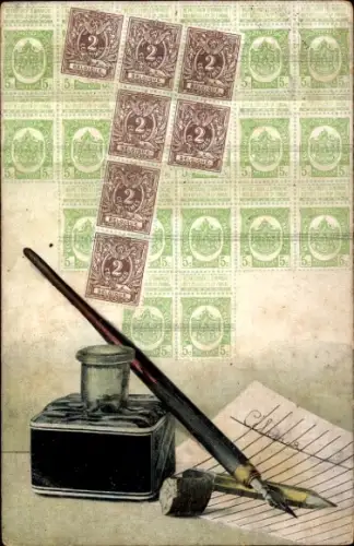 Briefmarken Ak Tintenfass, Tinte, Füller, Zettel