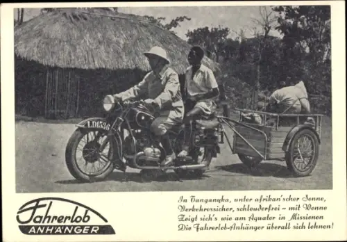 Ak Fahrerlob Anhänger, Motorrad, Fahrzeugbau Joh. Gemmecker, Großrinderfeld, Missionar