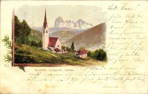 Litho St. Jakob Ortisei St. Ulrich in Gröden Südtirol, Kirche, Langkofel