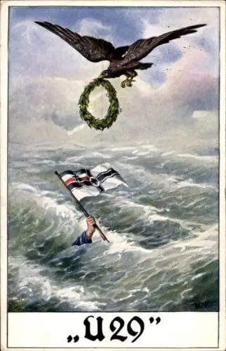 Ak Kaiserreich, Propaganda, Adler mit Lorbeerkranz, Ertrunkener Mann, Fahne, U-29