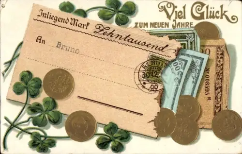 Ak Glückwunsch Neujahr, Geldscheine, Münzen, Glücksklee
