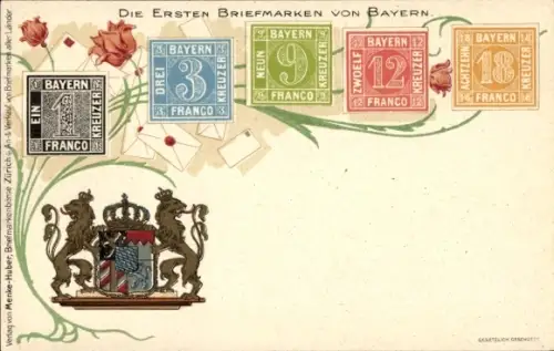 Briefmarken Wappen Ak Erste Briefmarken von Bayern