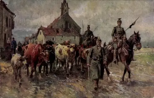 Künstler Ak Koch, G., Deutsche Soldaten in Uniformen, Kuhherde, Ulanen, Viehbeitreibung