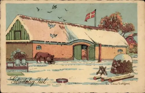 Künstler Ak Glückwunsch Weihnachten, Pferdestall, Dänische Fahne