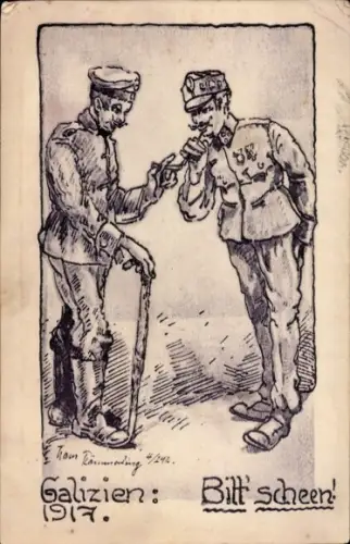 Künstler Ak Kämmerling, Galizien Ukraine, Bitt' scheen, Soldat bittet um Feuer, KuK Soldat