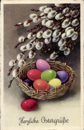 Ak Glückwunsch Ostern, Korb voller Ostereier, Weidenkätzchen
