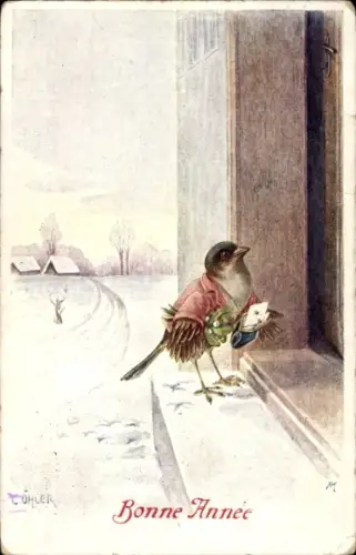 Künstler Ak Ohler, C., Glückwunsch Neujahr, Vogel an Tür, Mistelzweige, Geschenke