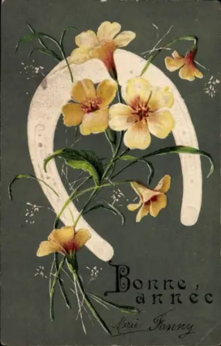 Präge Ak Glückwunsch Neujahr, Hufeisen, Blumen